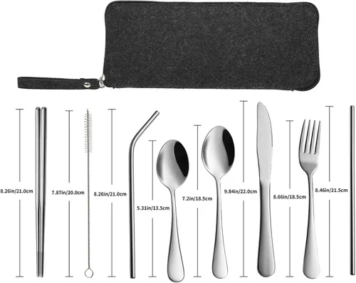 Miniatura 8 de VANDBAO Utensilios de viaje portátiles, cubiertos reutilizables con estuche para fijar vajilla, juego de cubiertos estables de acero inoxidable de 9