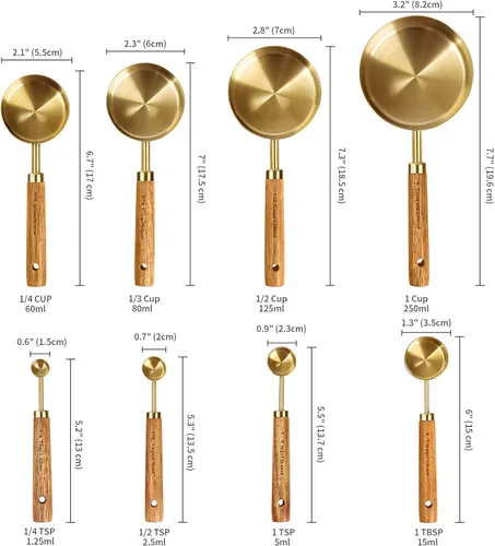 Miniatura 4 de GuDoQi Juego de 8 tazas y cucharas medidoras doradas, mango de madera con medidas métricas y estadounidenses, acero inoxidable premium, acabado