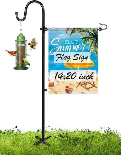 Soporte para bandera de jardín con gancho de pastor para banderas de 14 x 20 pulgadas con 2 topes de resorte y 1 clip, soporte para banderas de