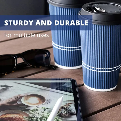 Miniatura 5 de Tazas de café desechables con tapas, taza de café de 16 onzas (70 juegos). Tazas de viaje grandes que mantienen la forma con bebidas frías y Azul