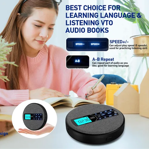Miniatura 5 de Reproductor de CD portátil, reproductor de CD portátil recargable con altavoces duales y antisalto, CD, USB, AUX, pantalla LCD, botón Negro