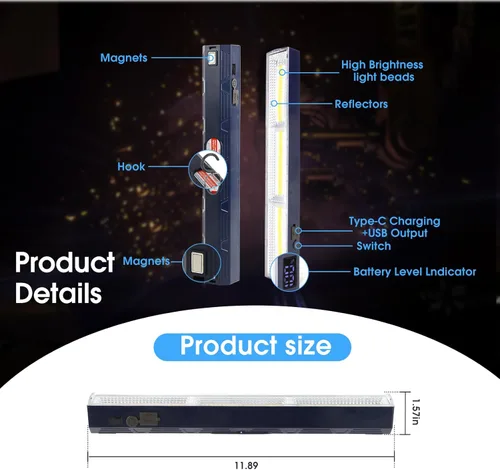 Miniatura 7 de LETOUR Barra de Luz Magnética, 11.81 pulgadas, 5000mAh 6000 Lúmenes Lámpara Portátil Recargable con 165 Bombillas LED Incorporadas, con Gancho