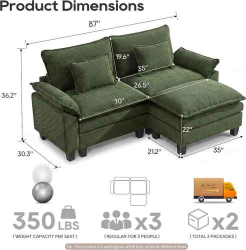 Miniatura 2 de URRED - Sofá seccional modular Cloud, sofá moderno en forma de L de 87" con asiento profundo con otomana y almohadas, ultra cómodos sofás de pana