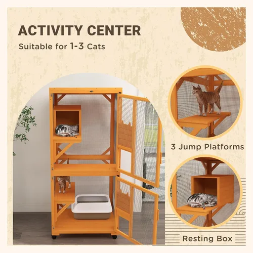 Miniatura 4 de Casa grande para gatos con caja de descanso alta, catio de madera de 71 pulgadas con techo de asfalto, recinto para gatos en interiores y exteriores