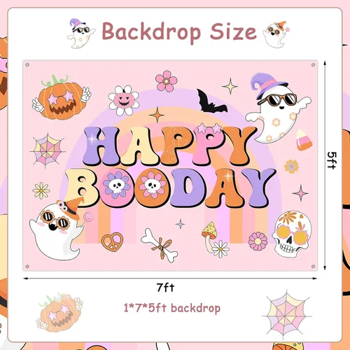 Miniatura 6 de Groovy - Decoración de fiesta de cumpleaños de Halloween, 7 x 5 pies, pancarta de fondo de feliz día de abucheo para niña, decoración bohemia arco