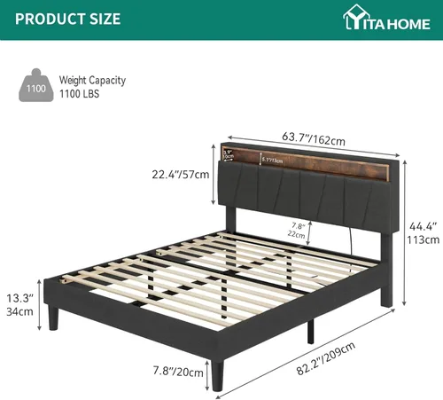 Miniatura 2 de YITAHOME Base de cama tapizada tamaño Queen, base de cama LED con cabecero de almacenamiento, cama plataforma con toma de corriente y puertos USB