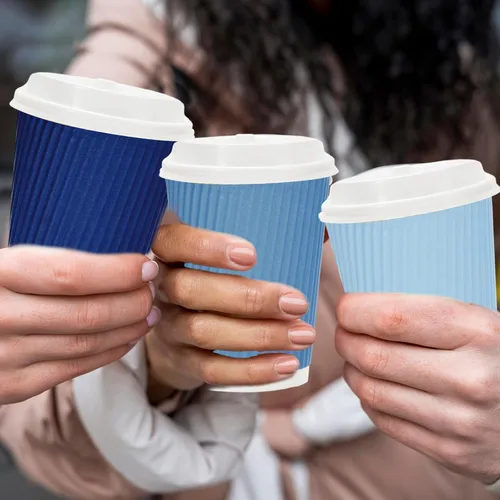 Miniatura 5 de Whaline 100 tazas de café desechables de color azul polvoriento de invierno con tapas, tazas de papel azul degradado de 12 onzas, tazas calientes