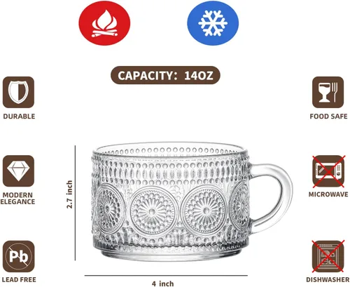 Miniatura 7 de Gezzeny Tazas de café vintage con platillos de 14 onzas, juego de 2 tazas de vidrio en relieve, tazas de té, tazas de café de vidrio para capuchino