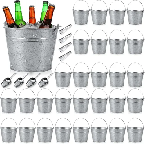 Miniatura 15 de Zopeal Juego de 24 cubos de cerveza galvanizados, 16 cubos de metal con 4 cucharadas y 4 pinzas, cubo de hielo rústico de 7 pulgadas para fiestas
