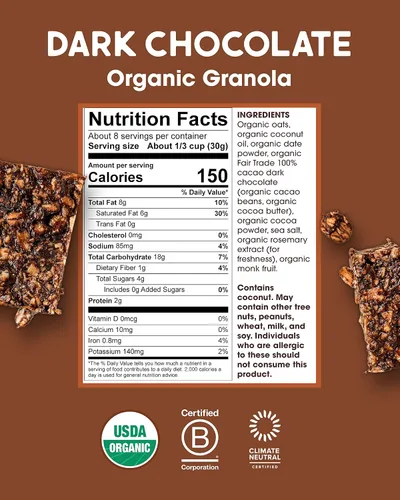 Miniatura 2 de Alter Eco Granola de Chocolate Oscuro, Desayuno y Snack Saludable y Orgánico, Endulzado Naturalmente con Fruta, Vegano, Sin Azúcares ni Aditivos