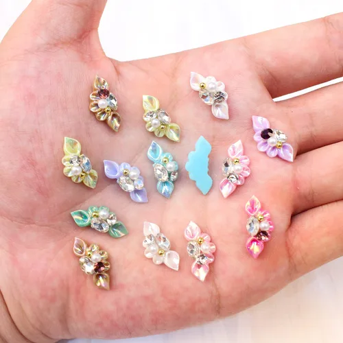 Miniatura 3 de 20 dijes de uñas de flores para uñas acrílicas, flores en relieve 5D, pétalos, perlas, diamantes de imitación, joyería de uñas, decoración de uñas