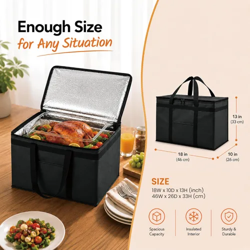 Miniatura 32 de NZ home Bolsa térmica XXL aislada y calentador de alimentos para entrega y compras de comestibles con parte superior con cremallera, color negro