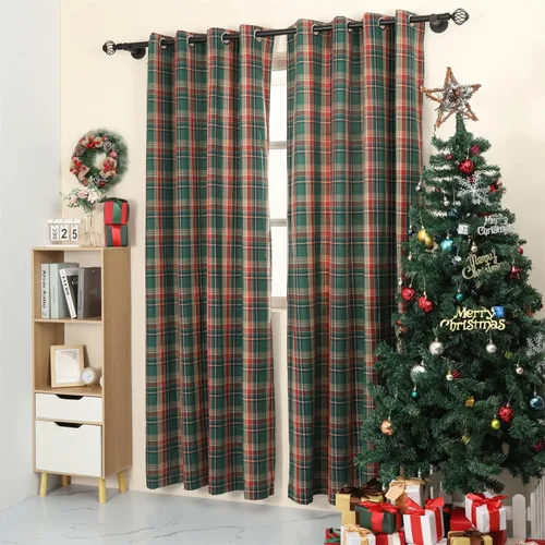 Miniatura 2 de Juego de cortinas tartán de 2 cortinas escocesas clásicas semi opacas con ojales en la parte superior, lavables a máquina, verde y rojo 52" de ancho