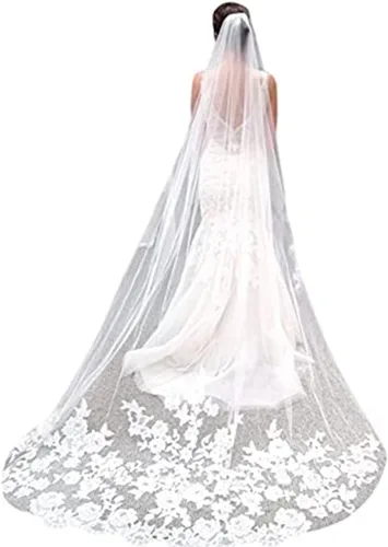 Aiosy - Velo de novia con bordado, borde de encaje, con peine, longitud catedral, accesorios para el cabello