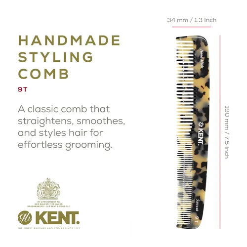 Miniatura 2 de Kent 9T Peine Desenredante de Dientes Finos y Dientes Anchos - Peine de Peinado Grande Hecho a Mano con Corte de Sierra para Cabello Húmedo y Blanco