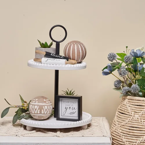 Miniatura 5 de Defined Deco Bandeja escalonada blanca con cuentas con 3 piezas de decoración de bandeja escalonada para decoración del hogar de granja, soporte