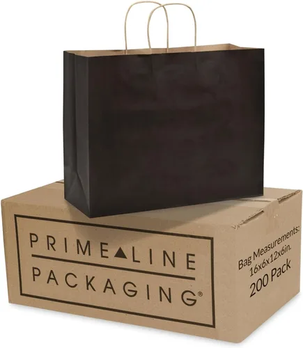 Prime Line Packaging Bolsas de papel negras, bolsas de regalo grandes con asas, bolsas de papel kraft para minoristas, boutique, compras, a granel,