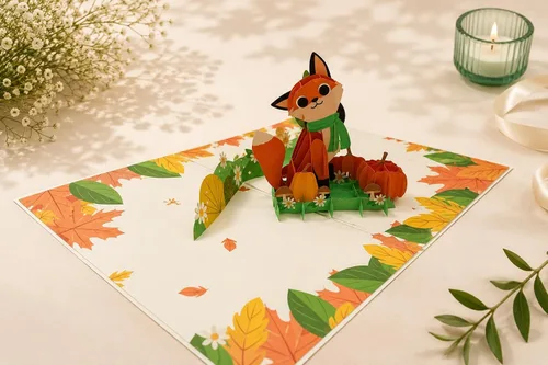 ETA Autumn Fox - Tarjeta de felicitación 3D emergente - Tarjeta temática de otoño con calabazas y hojas - Bonita tarjeta desplegable de animales del