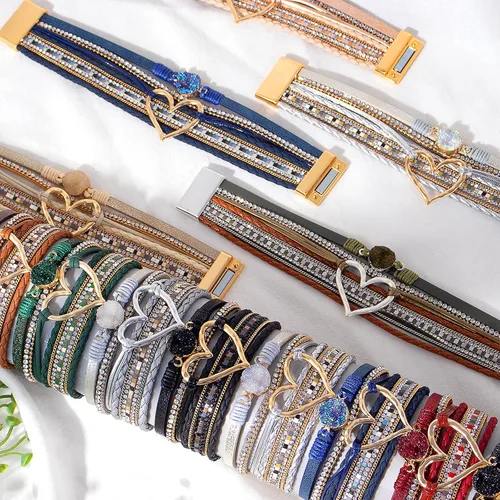 Miniatura 3 de Long tiantian Pulseras para mujer, pulseras bohemias modernas con corazón, joyería con cierre de puño, multicapa, pulseras de cuero para mujer