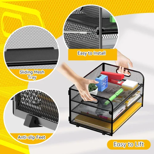 Miniatura 4 de MINDEPOT Bandeja organizadora de cartas de papel de 3 niveles con asa, organizador de archivos de escritorio de malla para oficina, hogar, escuela