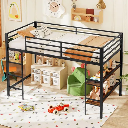 Miniatura 9 de Giantex Cama baja tipo loft tamaño individual, marco de metal resistente con estantes de almacenamiento, escalera y barandillas de longitud