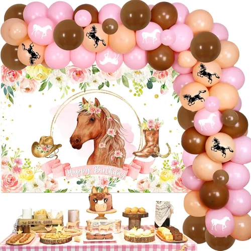 Decoración para fiesta de vaquera occidental, fondo de fotos de caballo de carreras con flores rosas y kit de arco de guirnalda de globos para