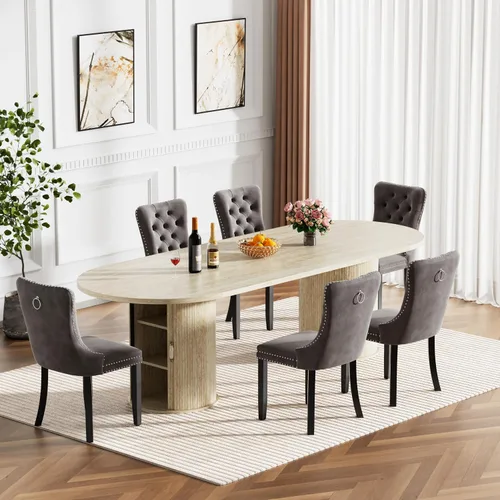 Miniatura 19 de Mesa de comedor redonda extensible de 94 pulgadas con base de almacenamiento, mesa de comedor expandible natural para 10, mesa de comedor de madera