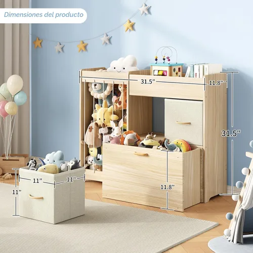 Miniatura 2 de EXPERLAM Organizador de almacenamiento de juguetes con soporte para animales de peluche, estante de juguetes de madera maciza para niños con 2