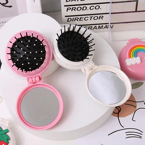 Miniatura 6 de Cepillo de pelo de viaje, peine de bolsillo con mini espejo, cepillos de pelo plegables compactos, redondos, mini peine de masaje compacto