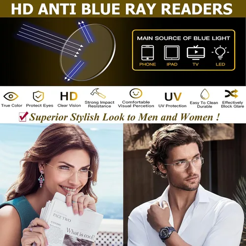 Miniatura 4 de Paquete de 2 lentes de lectura sin montura de titanio con filtro antideslumbrante de luz azul, lectores de bisagra de resorte ultraligeros