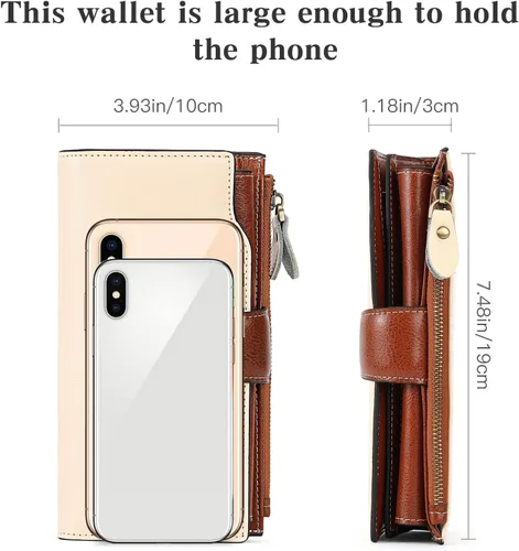 Miniatura 5 de SENDEFN Carteras de cuero para mujer, con bloqueo RFID, tarjetero con bolsillo con cremallera, Beige Marrón, Minimalista