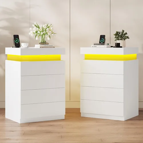 Miniatura 12 de ADORNEVE - Mesita de noche negra con cajones y luces LED, mesita alta con parte superior deslizable, mesa de cabecera con estación de carga, mesa
