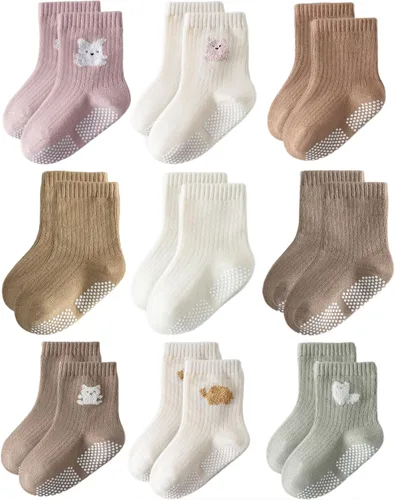 Miniatura 9 de Calcetines antideslizantes para niños pequeños con sujeción, calcetines de algodón sin costuras y lindos para bebés, niños y niñas, 9 pares