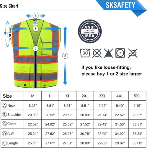 Miniatura 7 de SKSAFETY Chaleco de seguridad de 10 bolsillos, clase 2 de alta visibilidad con cremallera, chaleco de alta visibilidad con tiras reflectantes