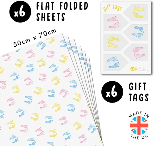 Miniatura 2 de CENTRAL 23 - Nuevo papel de regalo para bebé - 6 hojas de papel de regalo - Pies de bebé - para niñas o niños - Rosa azul y amarillo - Reciclable
