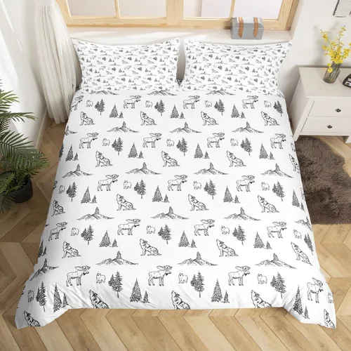 Miniatura 33 de Funda de edredón rústica tamaño Queen, juego de ropa de cama retro para cabaña de cabaña, oso de caza, ciervo, hojas de arce, funda de edredón
