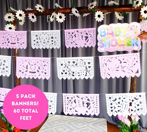Miniatura 6 de Pancartas de fiesta de baby shower de niña rosa/blanca – Decoraciones de baby shower rosa Fiesta Papel Picado, guirnaldas de papel con serpentinas