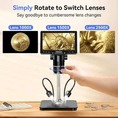Miniatura 2 de TOMLOV TriL107 Microscopio digital de 3 lentes: Lupa de microscopio de monedas HDMI de 7 "2500X 2K para visión completa de monedas con pantalla IPS