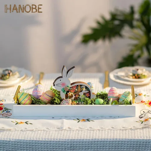 Miniatura 2 de Hanobe Bandeja larga para centro de mesa: bandejas estrechas decorativas portavelas de madera, bandeja de centro de mesa con asas para decoración