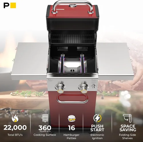 Miniatura 7 de Permasteel Parrilla de gas propano de 2 quemadores, parrilla de barbacoa con mesas laterales plegables y ganchos para herramientas, perfecta