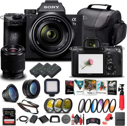 Sony Cámara digital sin espejo Alpha a7 III con lente de 1.102-2.756 in (ILCE7M3K/B) + tarjeta de memoria de 64 GB + 2 baterías NP-FZ-100 + software