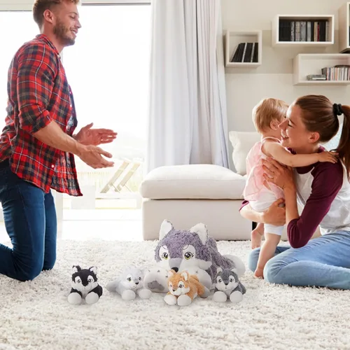 Miniatura 7 de IKASA Muñeco de peluche de mamá gato, juguete de peluche suave y abrazable de 16" con pequeños mini bebés gatitos, regalos para niños, niñas y niños