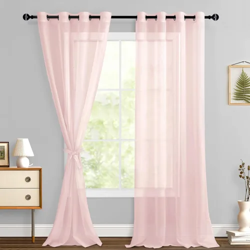 Miniatura 43 de Hiasan - Cortinas traslúcidas de gasa cortas semitransparentes con ojales y alzapaños filtrantes de luz para ventana, dormitorio, baño, 2 paneles