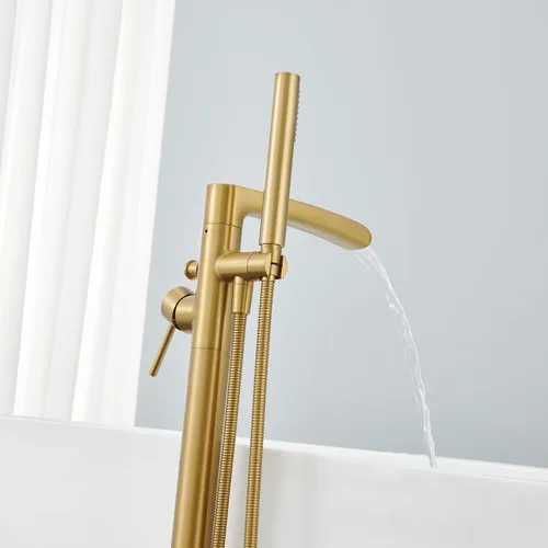 Miniatura 5 de Wowkk Grifo de bañera independiente en cascada de latón con mango único de latón cepillado con ducha de mano Oro cepillado