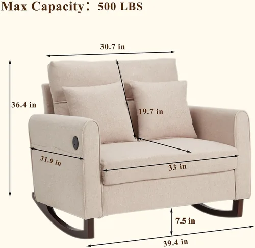 Miniatura 2 de HOMREST Mecedora Tapizada de Gran Tamaño, Mecedora para Guardería con Respaldo Alto y Bolsillo Lateral con Puerto USB, Sillón Oscilante Doble Ancho