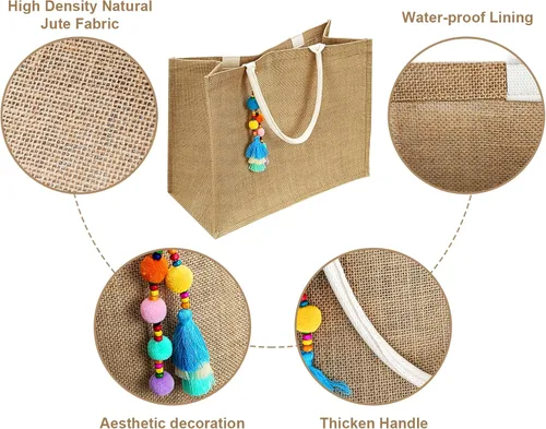 Miniatura 4 de QPEY Bolsas de yute, bolsa grande de paja para mujer, bolsas de playa tejidas impermeables, bolso de hombro con borla hecho a mano para verano