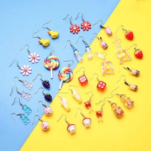 Miniatura 7 de 1218 pares de bonitos aretes divertidos y extraños, aretes de botella de agua con forma de pez dorado de hongo, aretes colgantes de té con leche a