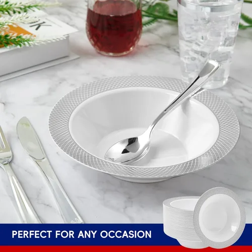 Miniatura 3 de JOLLY CHEF Paquete de 50 cuencos de plástico con borde plateado, cuencos de sopa desechables de 12 onzas, cuencos de plástico resistentes