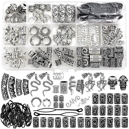 Miniatura 8 de 207 piezas de joyería para cabello vikingo, cuentas de runas nórdicas en tubo, kit de accesorios para trenzas, rastas, barba, locs, clips metálicos