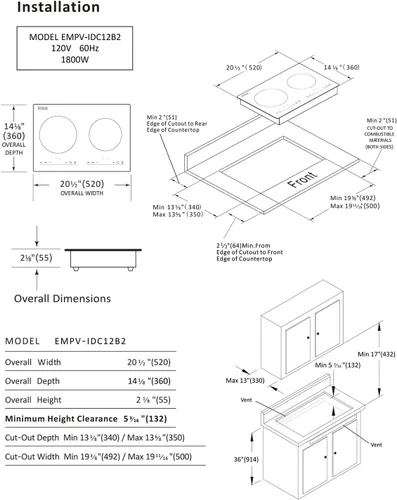 Miniatura 6 de Empava IDC12B2 Estufa Eléctrica Horizontal Placa de Inducción con 2 Quemadores en Superficie Lisa de Vidrio Cerámico Vitro Negro 120V, 12 Pulgadas